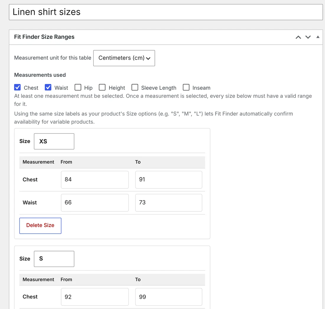 Sizemint Fit Finder table editor in WordPress admin: measurement unit, checkboxes for chest, waist, hip, height, sleeve length and inseam, and from and to ranges for each size.