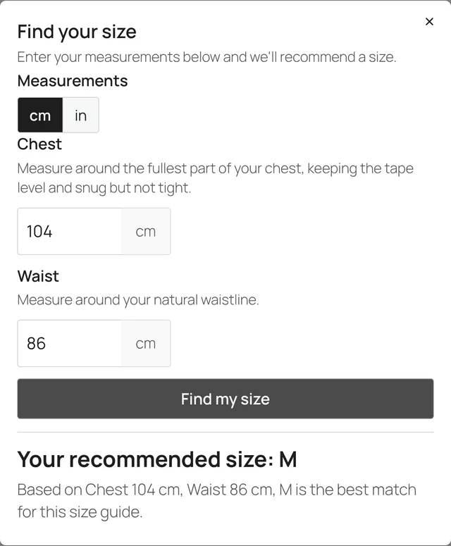 Sizemint Fit Finder popup with chest 104 cm and waist 86 cm entered, recommending size M.
