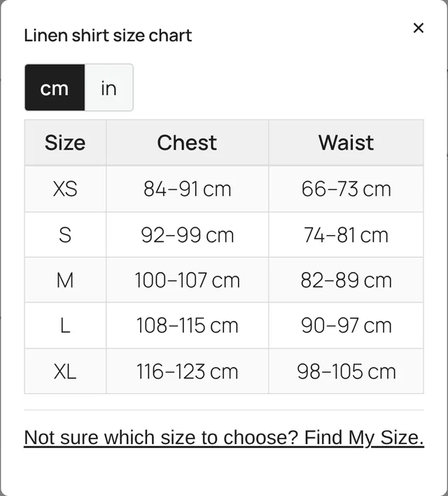 Sizemint size chart popup on a product page, showing sizes XS to XL with chest and waist ranges and a centimeters and inches toggle.